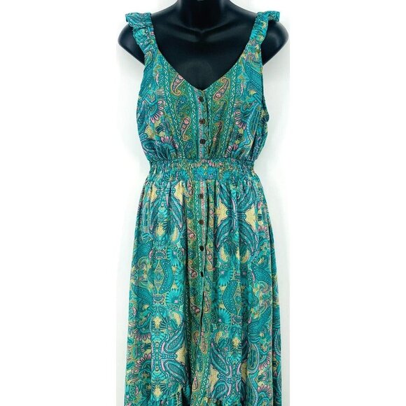 Boemo Anthropologie Women Dress Turquoise Paisley Ruffle Tier Smock Stretch - Picture 2 of 9